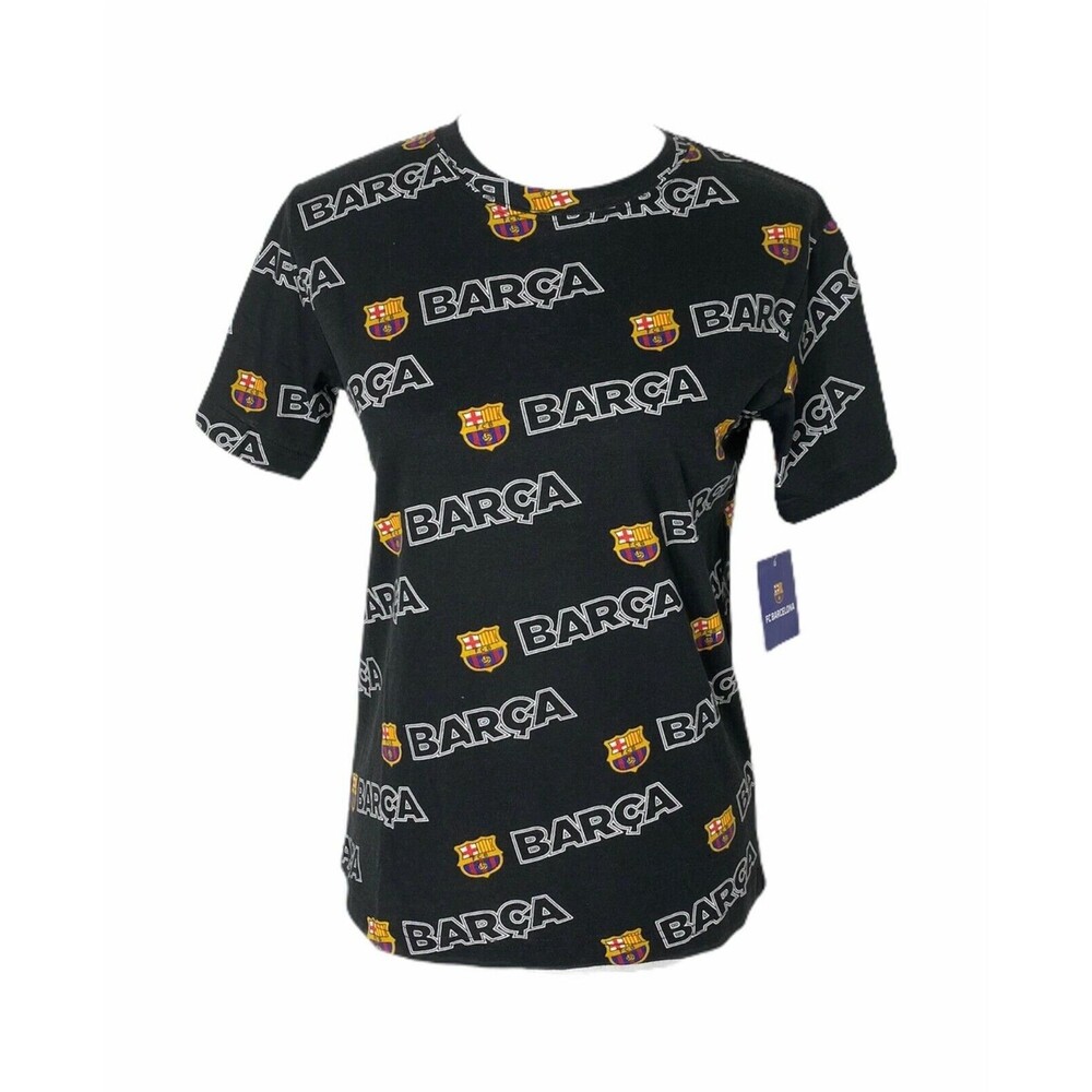 FC Barcelona Boy's Shirt Black Barca All Over Print Short Sleeve Size Large